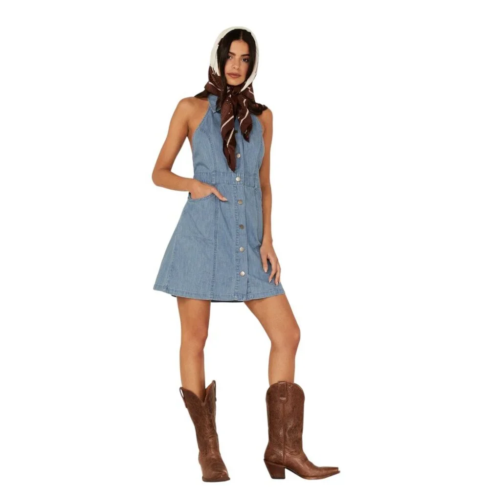 Free People Halter Denim Mini Dress – Medium – Button-Front, Open Back - Picture 3 of 12